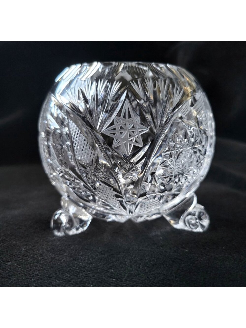 Vintage Hand Cut Glass Round Footed Rose Bowl Starburst Patterns Round Vase